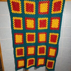 Vintage Crochet Granny Square Blanket Afghan Turquoise Yellow Red Small 59 x‎ 37